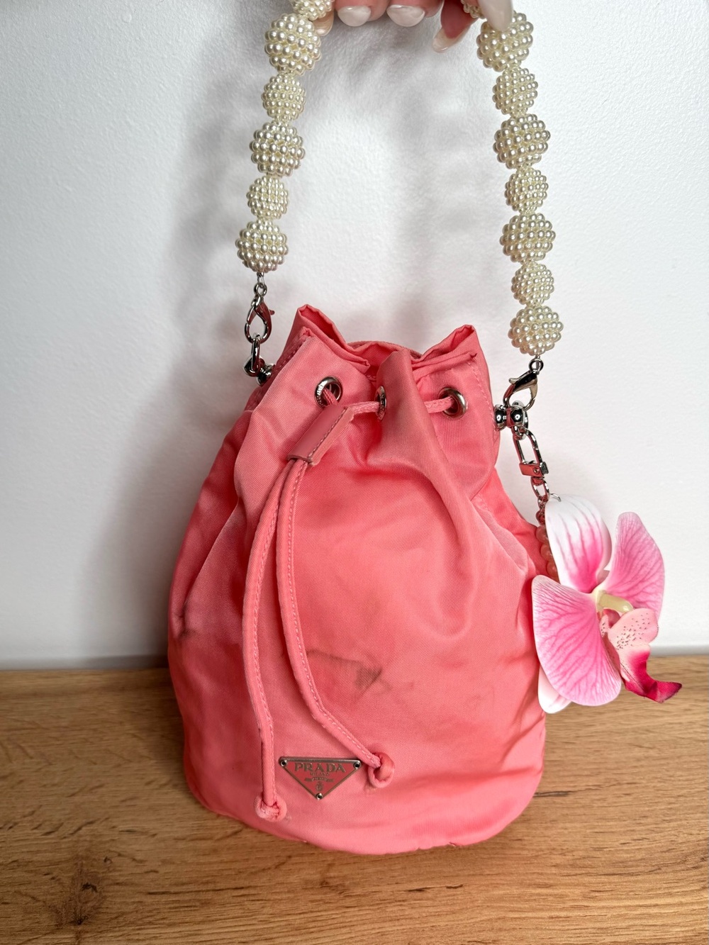Authentic Prada Pink Nylon Bucket Drawstring Cosmetic Pouch Bag Pearl Handle Y2K